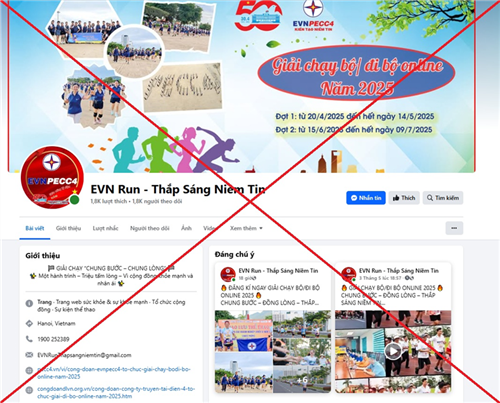 Cảnh báo Fanpage EVN Run - Thắp Sáng Niềm Tin giả mạo thương hiệu, logo EVN và EVNPECC4