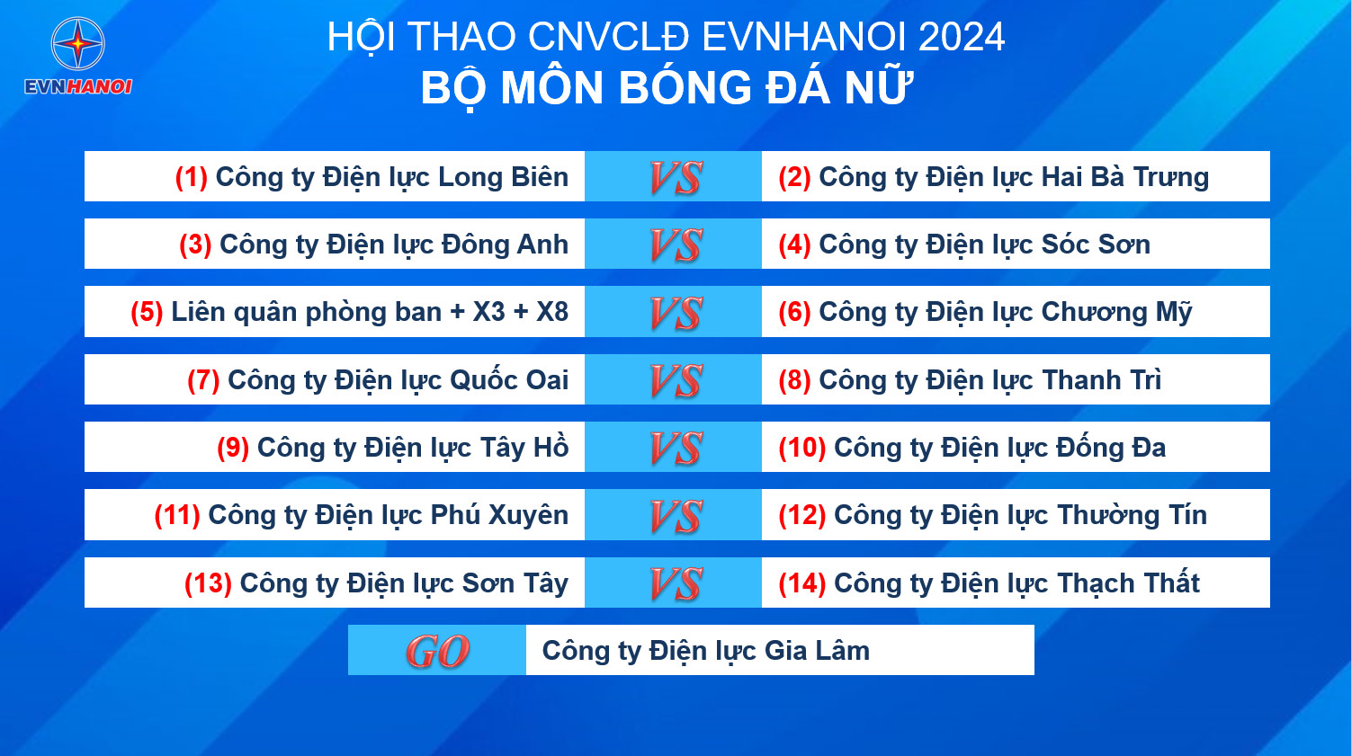  15 đội bóng đá nữ thi đấu tại Hội thao CNVCLĐ Tổng công ty Điện lực TP Hà Nội năm 2024. 