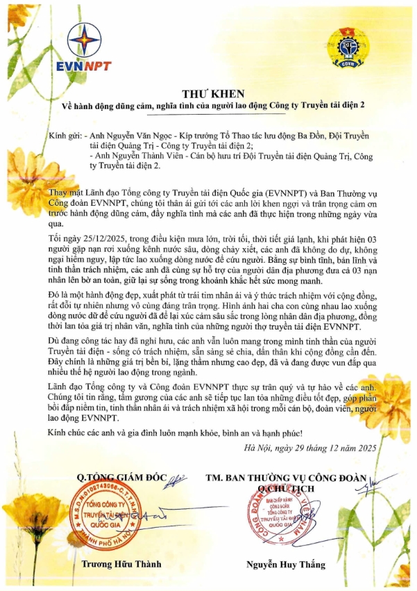 Tổng Giám đốc và Công đoàn EVNNPT kịp thời động viên hành động dũng cảm cứu người