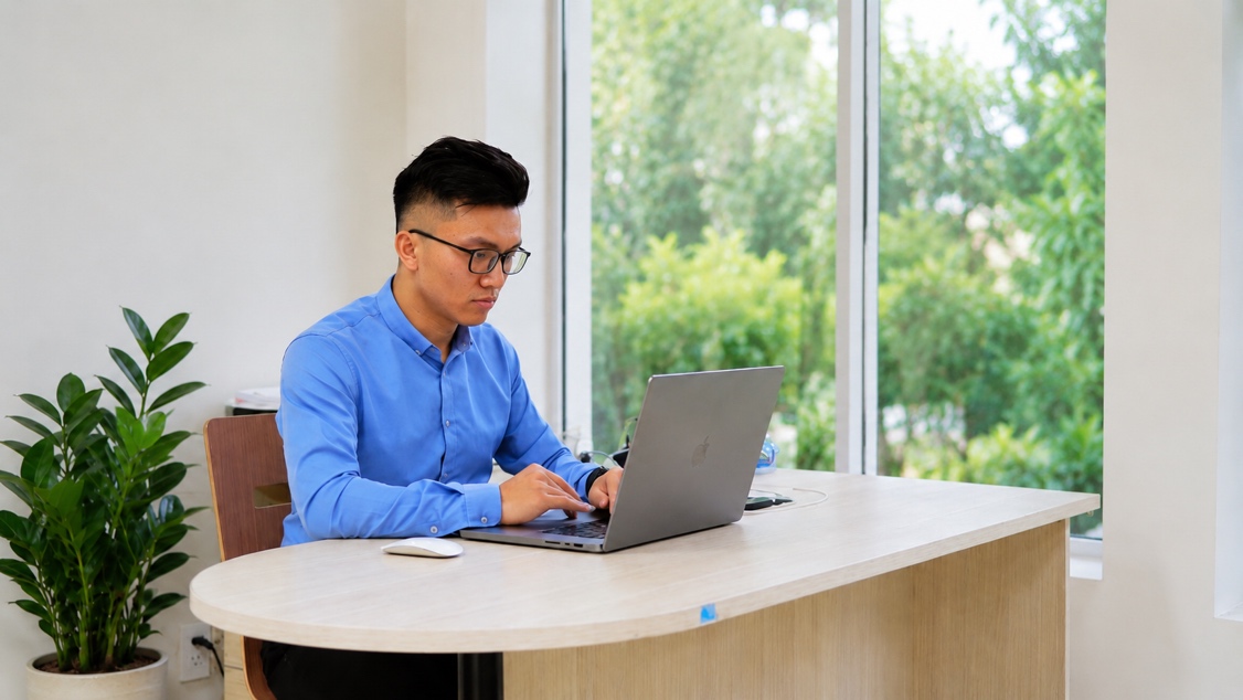 A person sitting at a desk using a computerDeion automatically generated