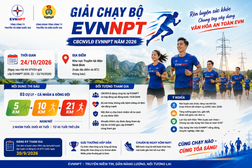 EVNNPT tổ chức Giải chạy bộ cán bộ, công nhân viên, lao động EVNNPT năm 2026