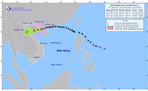 Tin bão khẩn cấp (cơn bão số 03 - bản tin phát lúc 20h00 ngày 21/7/2025)